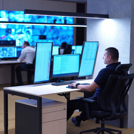 Control room operator looking at multiple screens on a desk top.