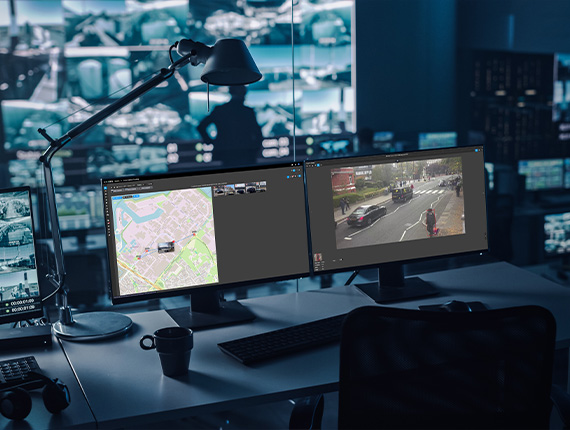 View on desktop in a control room. Twoo desktop pc's on a operators desktop.