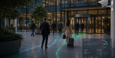 office entrance with people entering the building. a security camera is keeping track of the visitor flow.